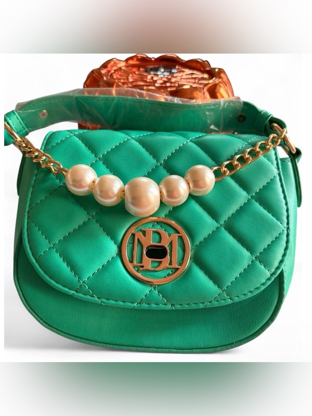 Badgley Mischka Quilted Emerald Green Mini Shoulder Bag with Pearl Chain